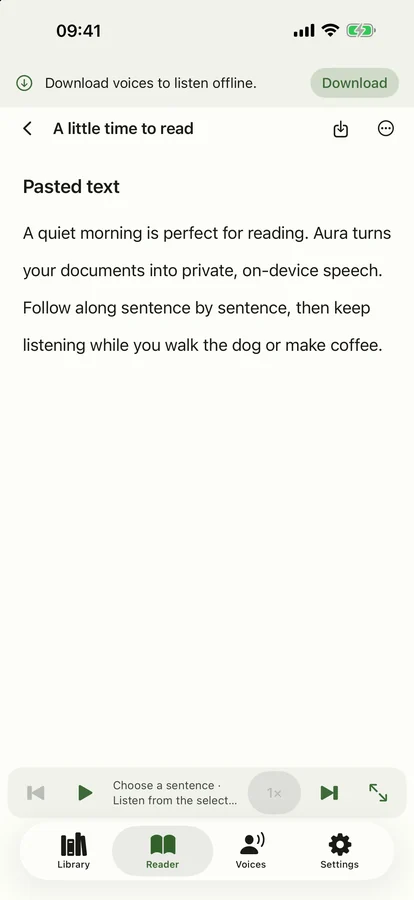 Aura’s reader on iPhone, showing a pasted text ready to play.